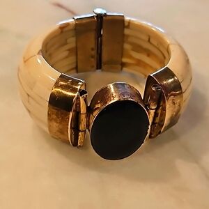 VINTAGE HINGED BONE , BRASS AND BLACK ONYX BANGLE BRACELET
